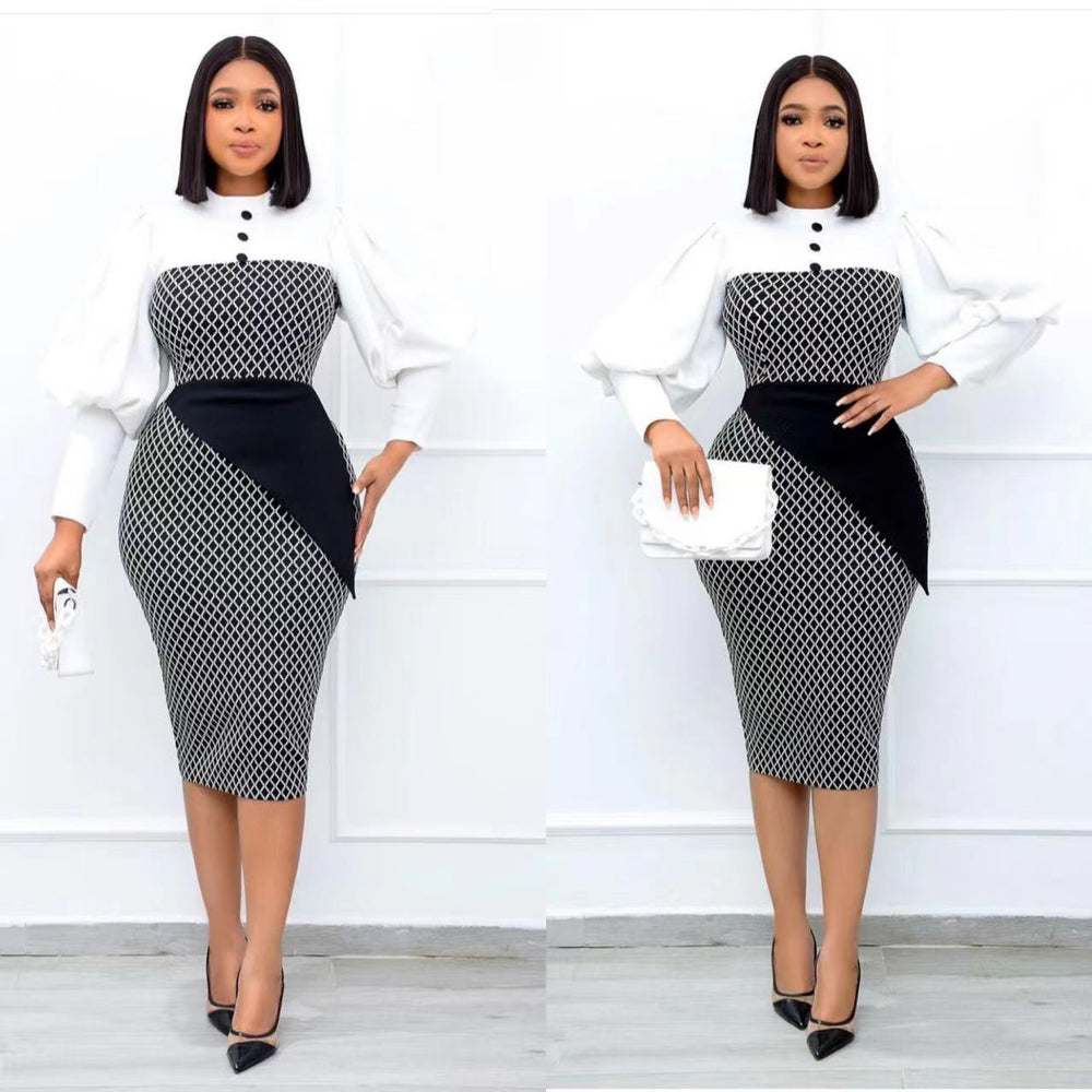 African foreign trade  hot-selling women's fashion plaid patchwork bodycon pencil skirt ol daily commute dress