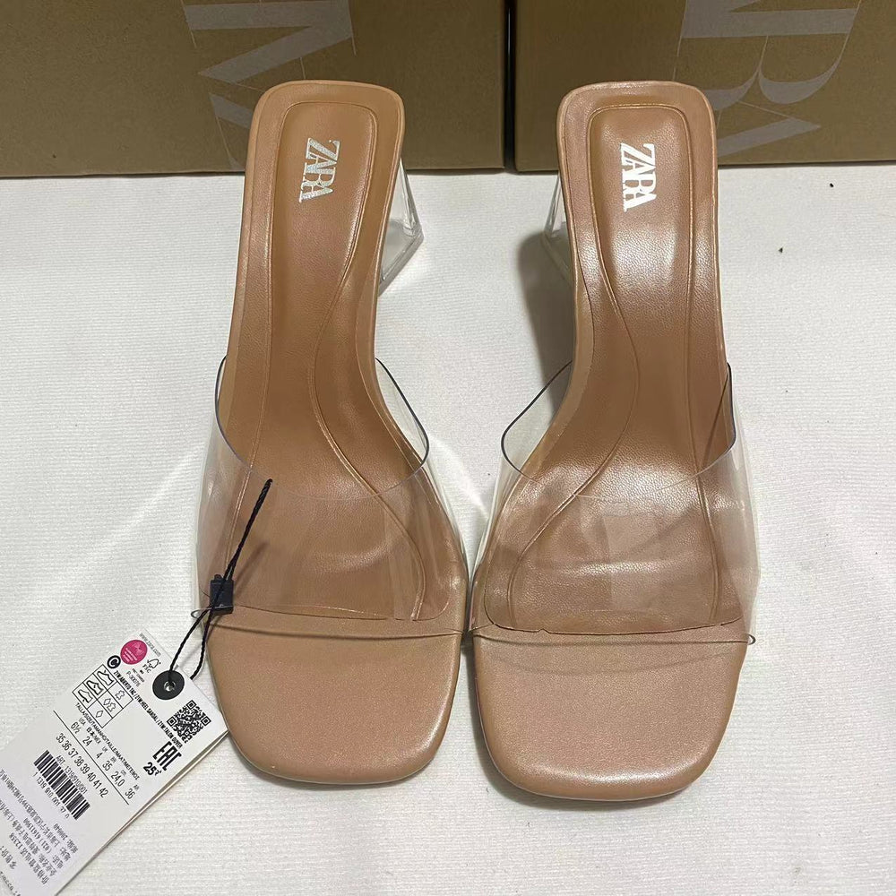 New 2024 women's single strap square toe pvc open toe glass heel slingback fashion sandals