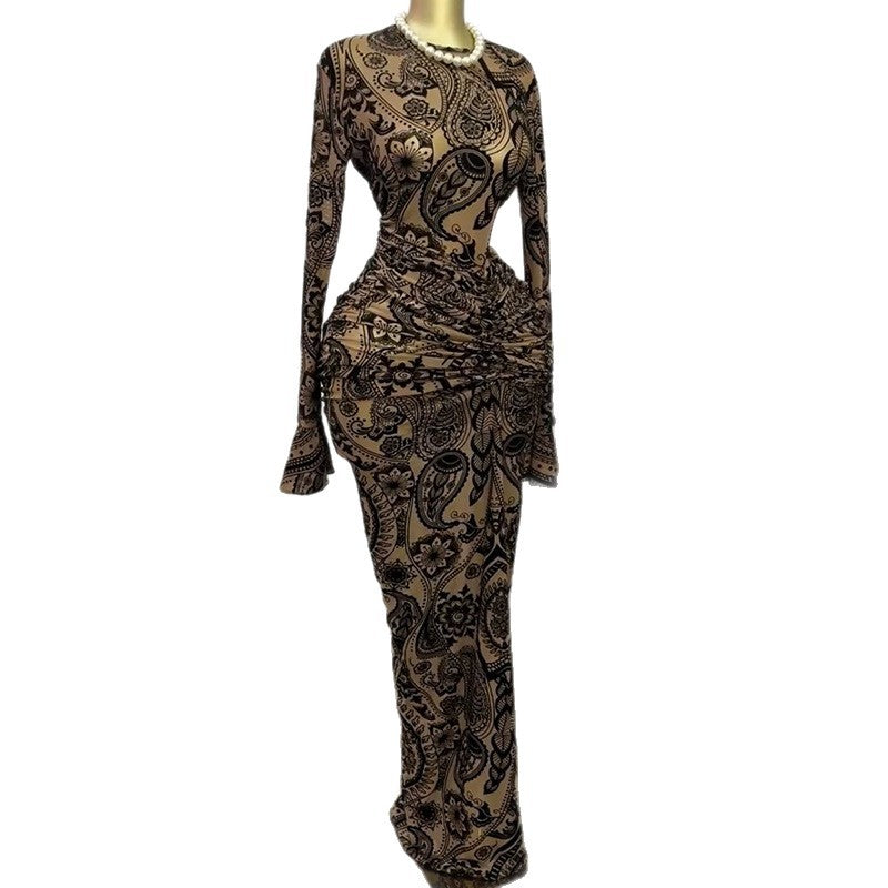 European and american cross-border women's fashion  summer new sexy elegant round neck printed ruched long sleeve dress two-piece set