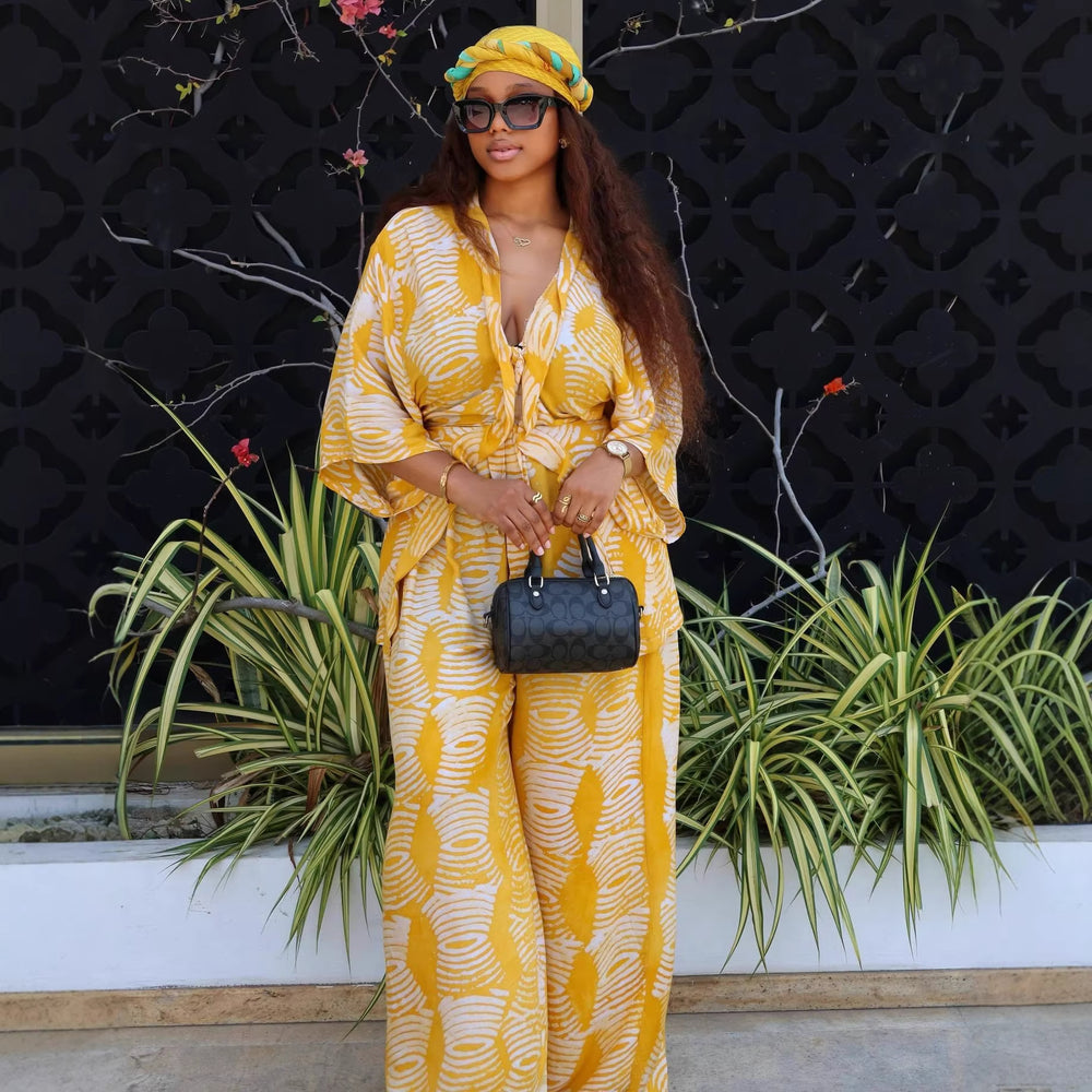 European and american cross-border women's fashion  summer new arrival: elegant casual v-neck printed shirt top and wide-leg pants set