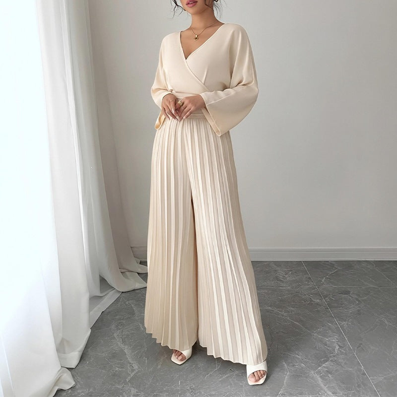 summer new women's clothing: european and american cross-border fashion, elegant solid color cinched waist pleated wide-leg jumpsuit
