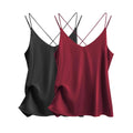 2 pack women's satin camisole v neck cross back sleeves