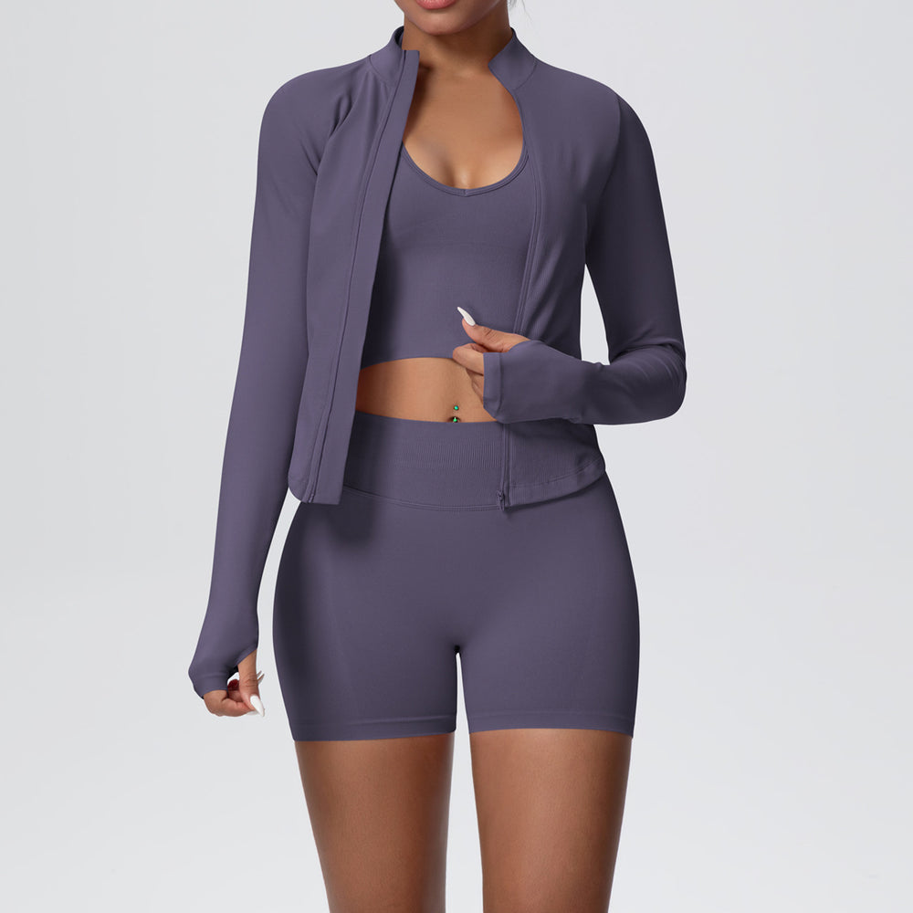 seamless pure color high-elastic tight-fitting breathable shortoutwear yoga suit sports running fitness three-piece set