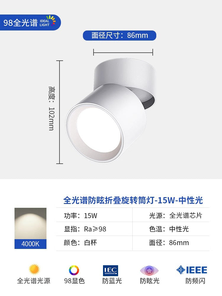 Full spectrum surface mounted downlight spotlight - no drilling, adjustable angle, bedroom ceiling light, folding hallway light, small light for home entrance