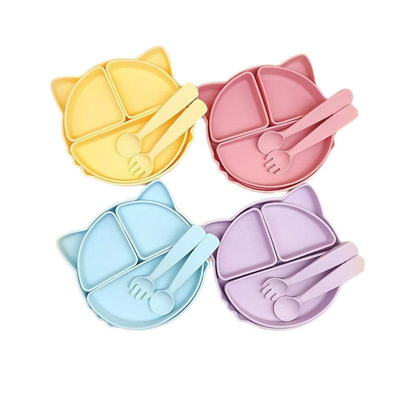 Children's silicone grid plate set cat rabbit bear cute wind portable tableware baby complementary food training bowl set