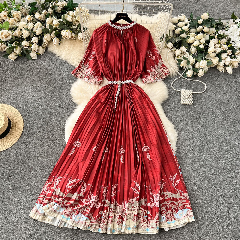 European style plus size women's high-end printed, heavily beaded, pleated long formal dress with pleated skirt - elegant women's dress