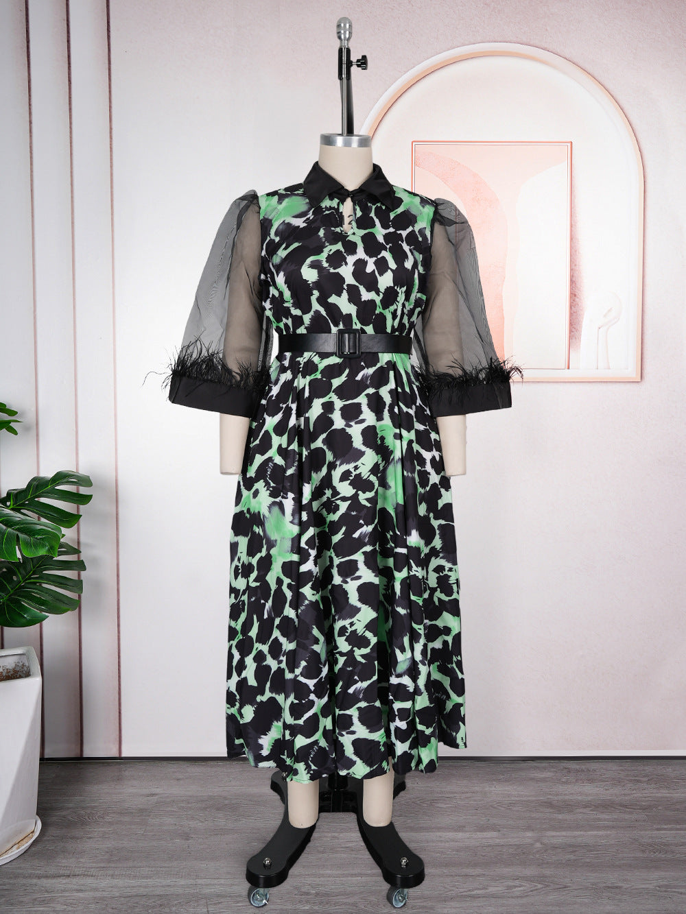 new arrival  african women's plus size cross-border trade three-quarter sleeve black feather lapel printed dress