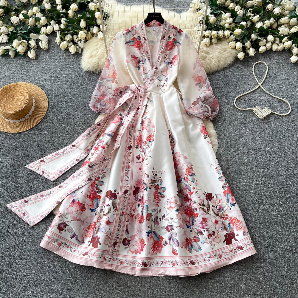Vintage court style v-neck lantern sleeve printed dress - women's summer tie-waist slimming maxi dress with elegant flare