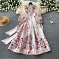 Vintage court style v-neck lantern sleeve printed dress - women's summer tie-waist slimming maxi dress with elegant flare