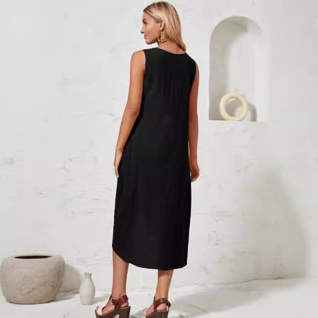 european and american cross-border  new women's cotton linen solid color loose short sleeve asymmetrical maxi dress