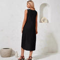 european and american cross-border  new women's cotton linen solid color loose short sleeve asymmetrical maxi dress