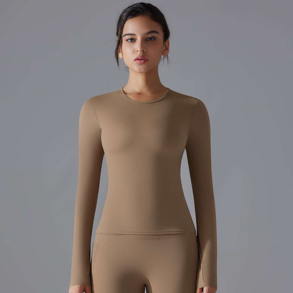 New double-sided brushed solid color long yoga top - long sleeve, high-stretch, breathable, sports running fitness casual t-shirt for women