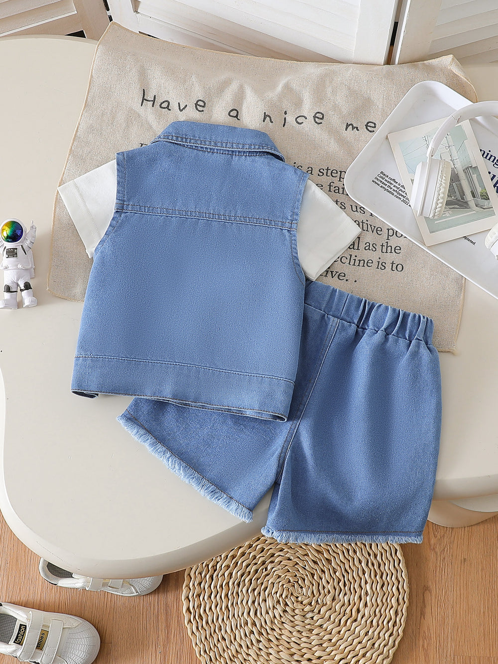 new cross-border boy's denim vest + denim shorts set with crew neck tee - 3-piece outfit