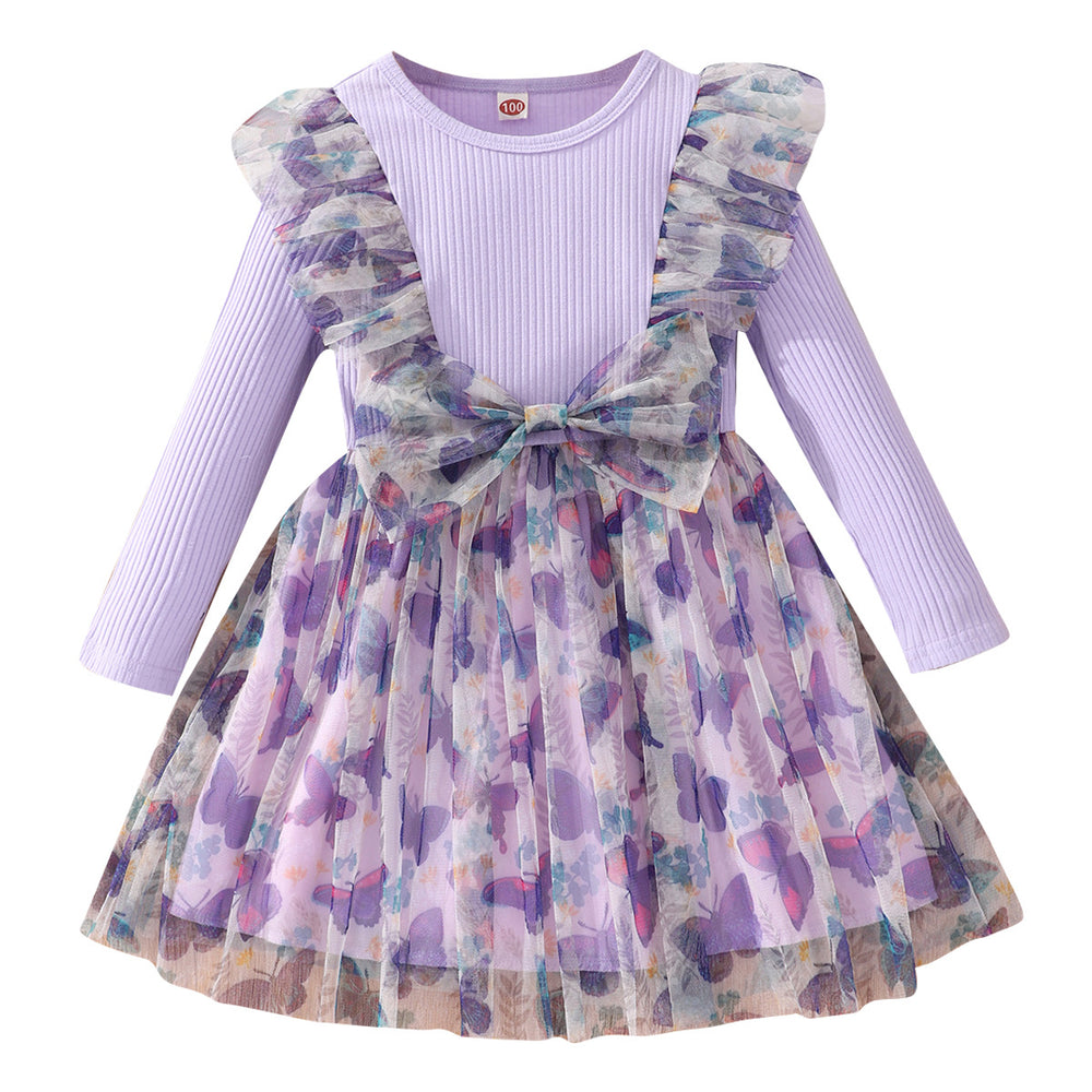 Kids' long-sleeve ribbed knit butterfly mesh dress