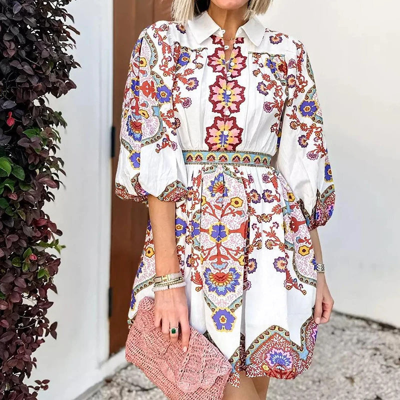 cross-border e-commerce european and american women's clothing: new summer bohemian ethnic print lantern sleeve dress