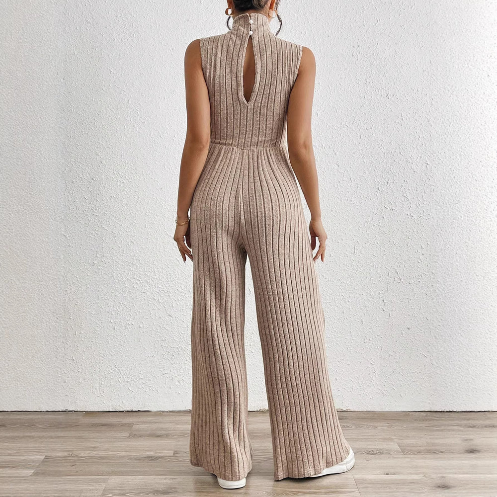 Amazon cross-border european and american women's wide-leg jumpsuit - stand collar, sleeveless, knitted, casual, stretch romper