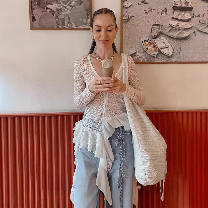 Cross-border French Bohemian Lace Cardigan Top Women's 2025 Summer Design V-Neck Long Sleeve Women's Shirt