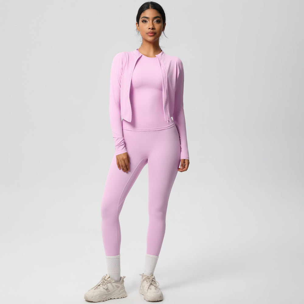 European and american nude feel solid color slim-fit top, jacket, and yoga outfit - quick-dry activewear three-piece set for outdoor leisure, running, and fitness
