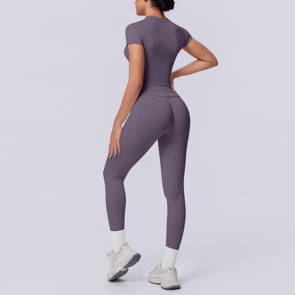 fashion seamless knittingpure color tight breathable long yoga suit sports running fitness two-piece set