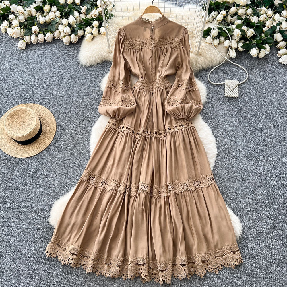 Vintage court style puff sleeve dress - women's autumn hollow-out crochet crossover neck design - exquisite elegant maxi dress