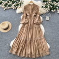Vintage court style puff sleeve dress - women's autumn hollow-out crochet crossover neck design - exquisite elegant maxi dress