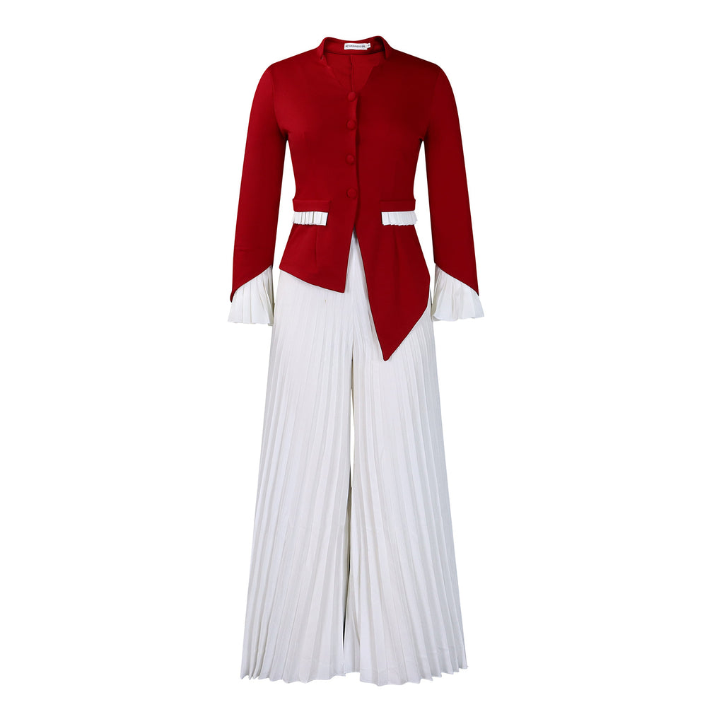 C8609  new arrival: stylish and chic office lady flared sleeve top and pleated wide-leg pants two-piece african outfit set