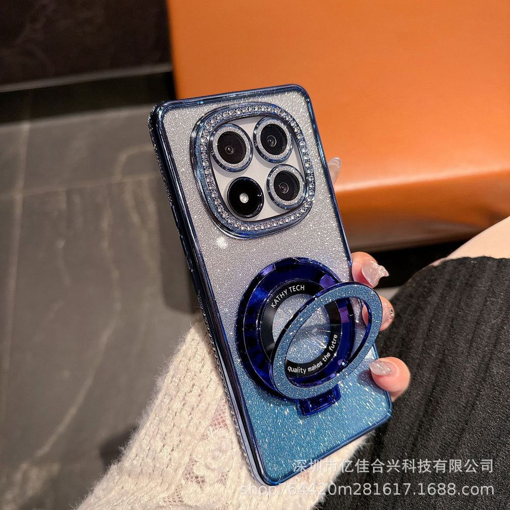 Suitable for redmi note15pro rhinestone electroplating makeup mirror mobile phone case xiaomi 14t all-inclusive glitter magnetic holder