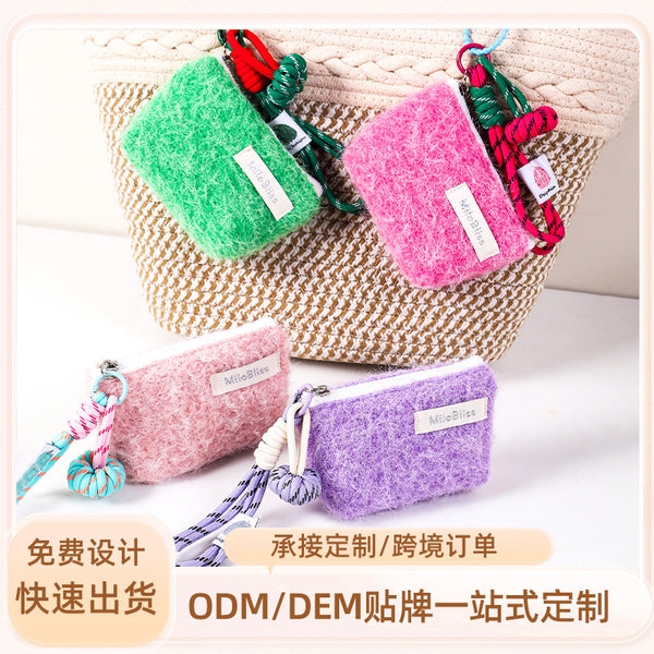 Customized plush solid color portable cosmetic bag personalized fashion cute lanyard bag travel portable earphone bag