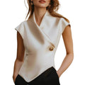 Amazon european fashion elegant satin solid color button v-neck shirt women's summer new short sleeve top