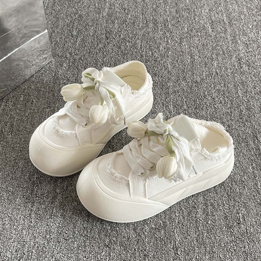 Two-way slip-on chunky sole canvas sneakers for women, 2026 new spring and autumn style, student white sneakers, bread shoes for women