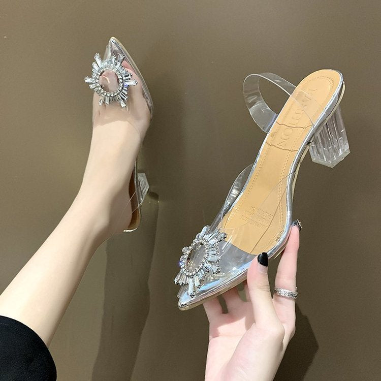 2021 spring and summer new pointed one-word with sunflower high heels transparent crystal shoes thick heel wine glass and sandals women