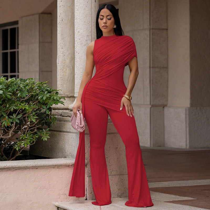 European and american style solid color women's ruched tie-up asymmetrical yoga jumpsuit wide leg high neck one-shoulder bodysuit