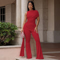European and american style solid color women's ruched tie-up asymmetrical yoga jumpsuit wide leg high neck one-shoulder bodysuit
