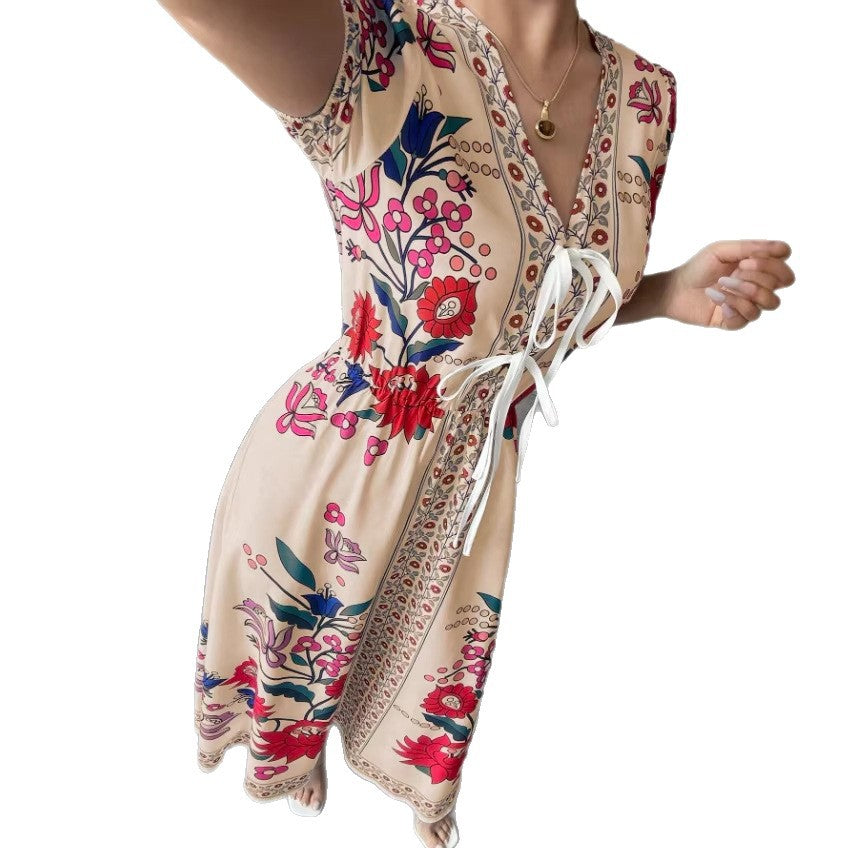 Short-sleeved long skirt fixed printingdress women's summer slimming look suit retro collar palace style waist niche styledress