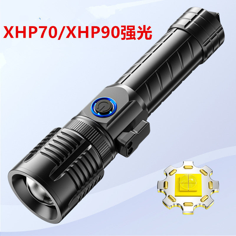 Cross-border new XHP-90 strong light telescopic zoom TypeC charging flashlight with broken window electric display LED flashlight