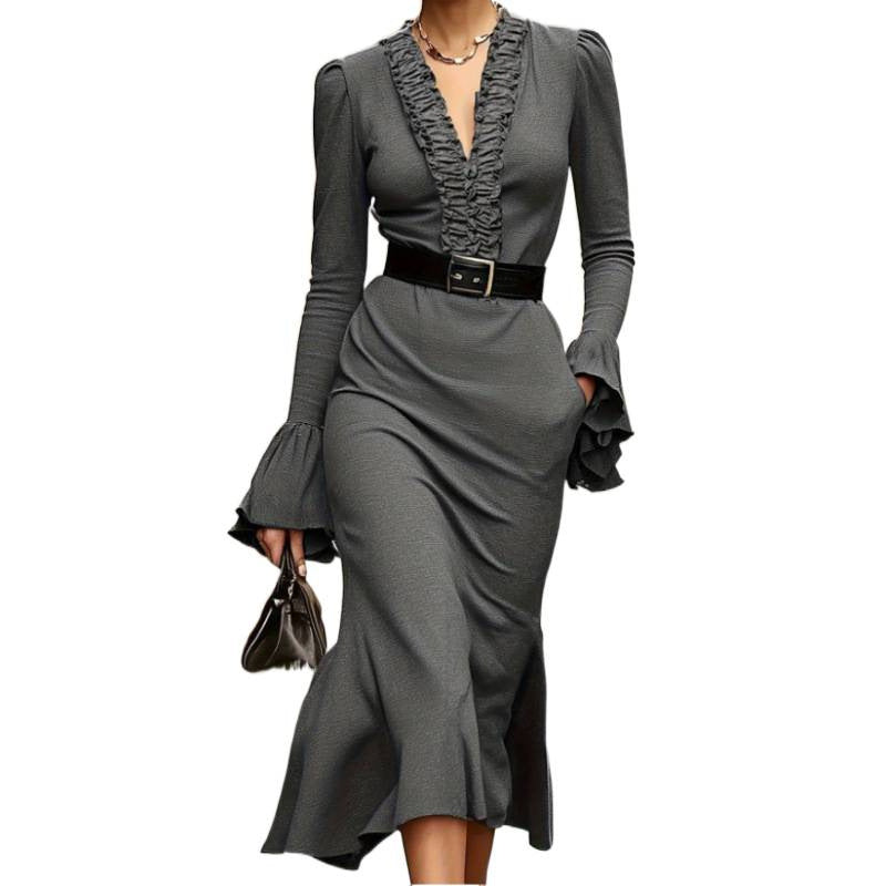 Women's spring/autumn fashionable and elegant ruffle-trimmed neckline, cinched waist, long-sleeved midi dress (belt not included)