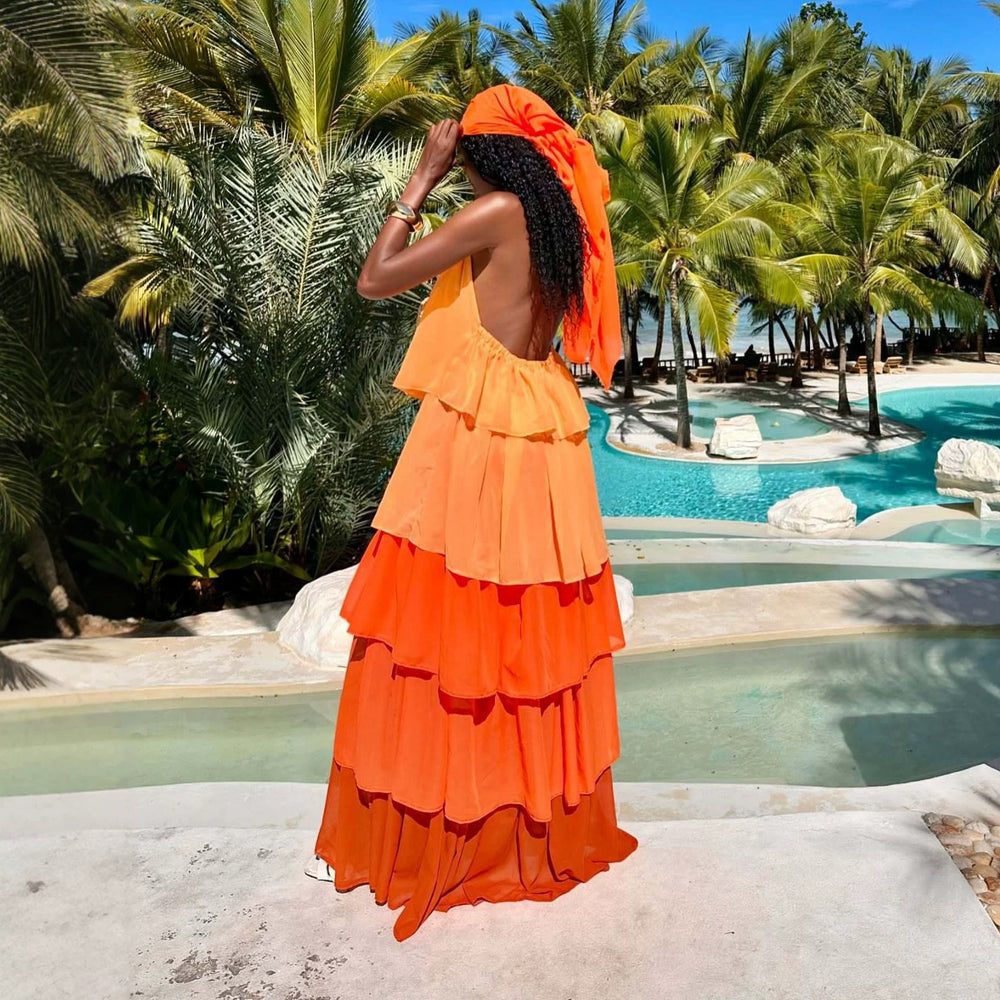 European and american cross-border women's clothing:  summer new sweet & chic vacation style halter neck ruffle trim maxi slip dress