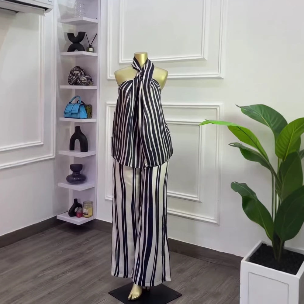 European and american cross-border women's fashion:  summer new collection - striped halter neck sleeveless top & wide leg pants casual set