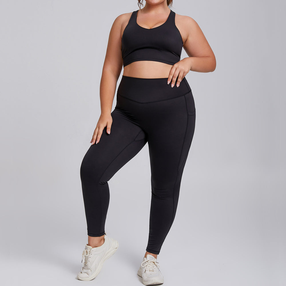 European and american nude feel plus size yoga outfit set - women's premium tight-fitting activewear two-piece set with pockets for fitness