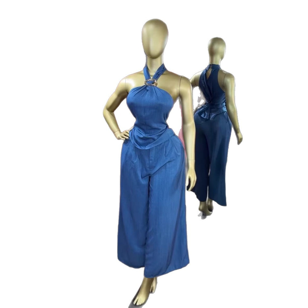 European and american cross-border women's fashion  summer new arrival: elegant halter neck slim-fit sleeveless top and wide-leg pants casual set