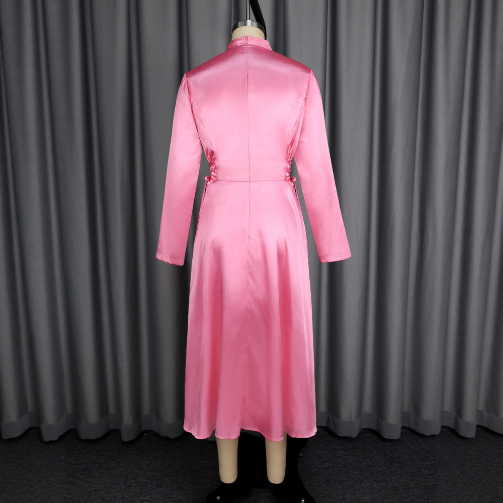 autumn satin stand collar long sleeve dress - elegant bow tie waist evening gown