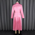 autumn satin stand collar long sleeve dress - elegant bow tie waist evening gown