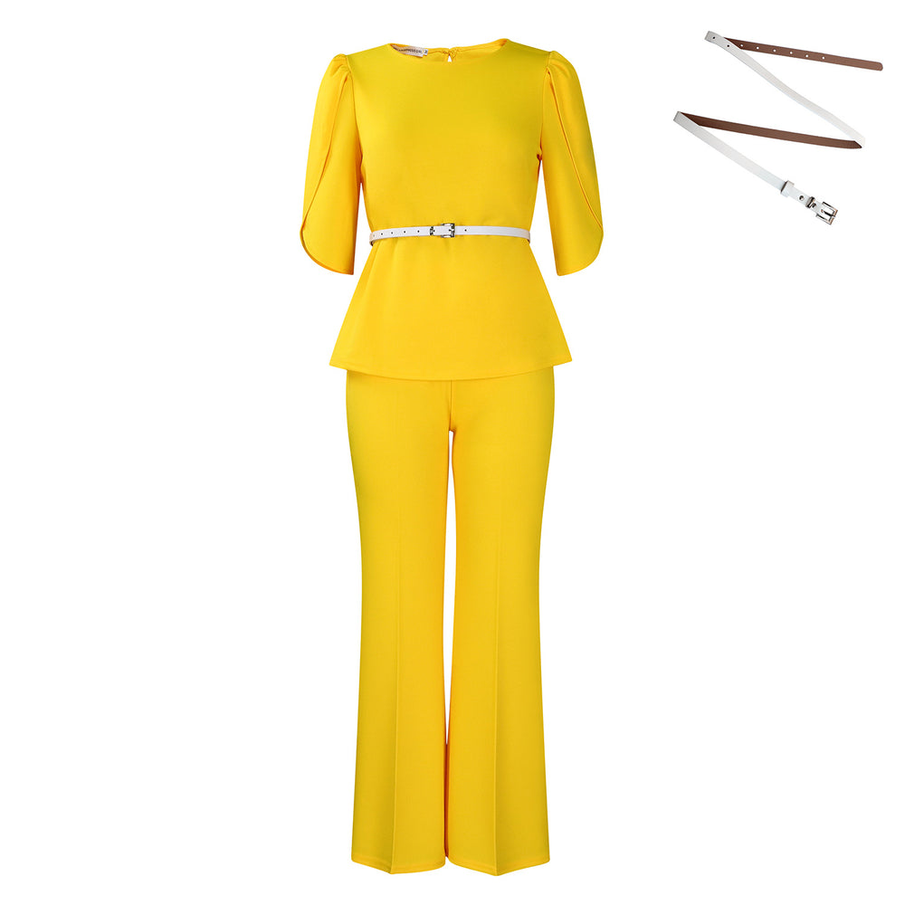 D558 women's foreign trade fashion set : elegant solid color top and wide-leg pants two-piece outfit - european and american style