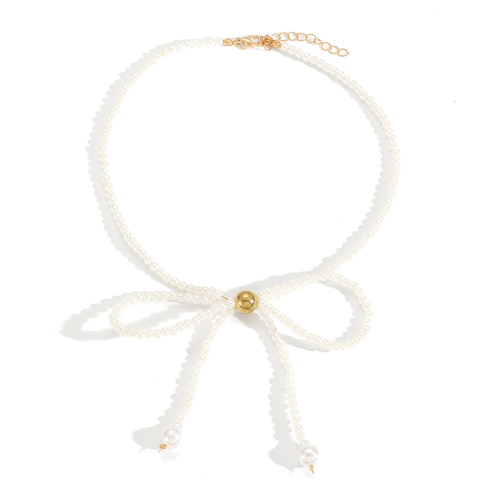 Bow choker necklace female fashion elegantsweet imitation pearl string chain niche styleclassy fairy style necklace