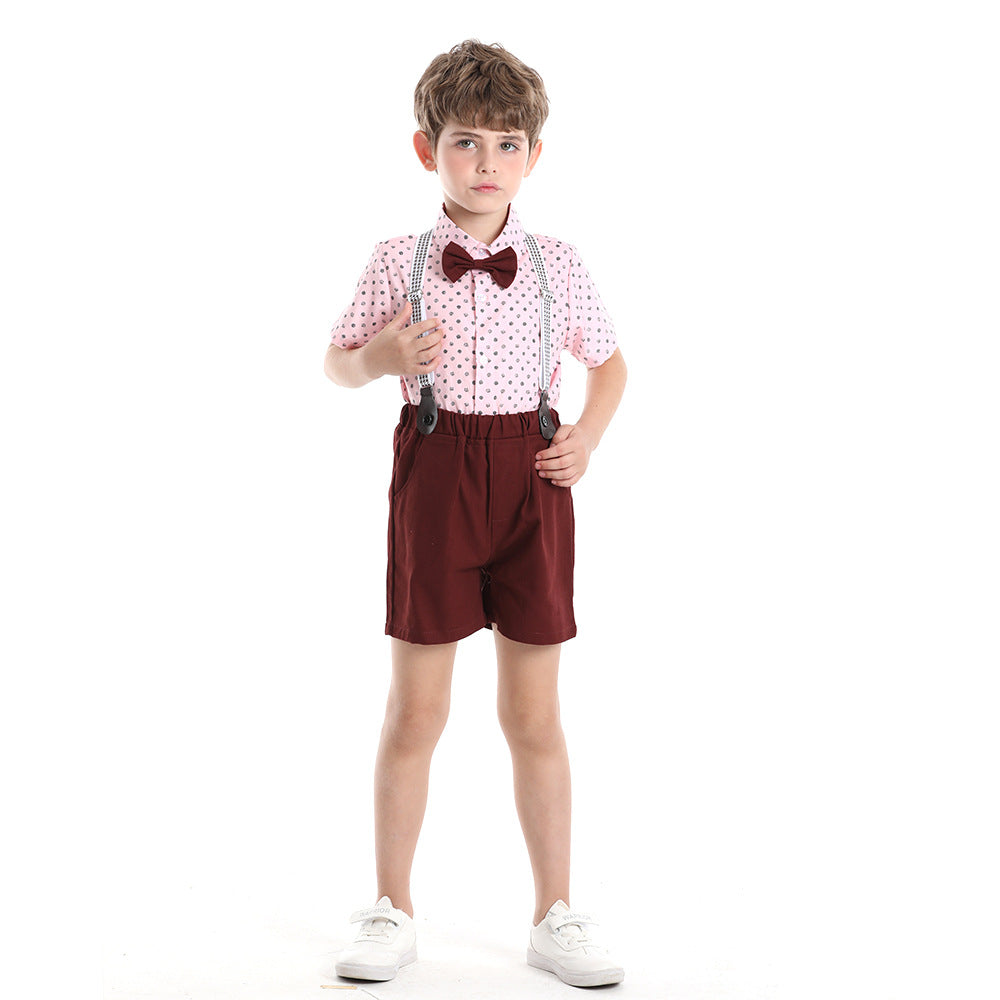 New children's clothing wholesale: boys' pink short-sleeve shirt & overalls set - perfect for children's day, birthdays, performances, and special occasions