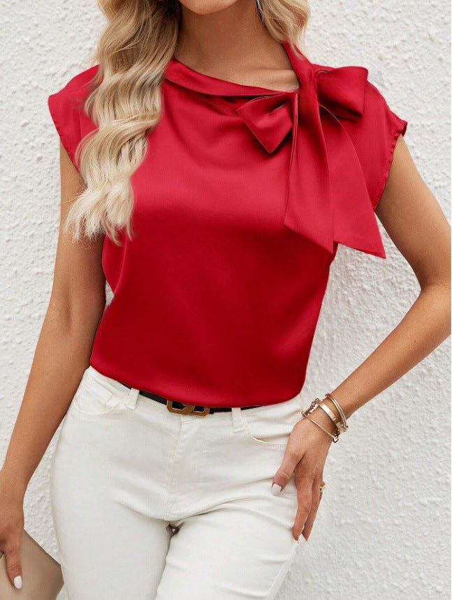 semi-open neck bow satin top, niche design satin women's clothing,   European and American new T-shirts