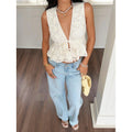 Women's 3d floral v-neck sleeveless ruched waist tie-up ruffle top, perfect for a gentle and chic work-to-weekend look