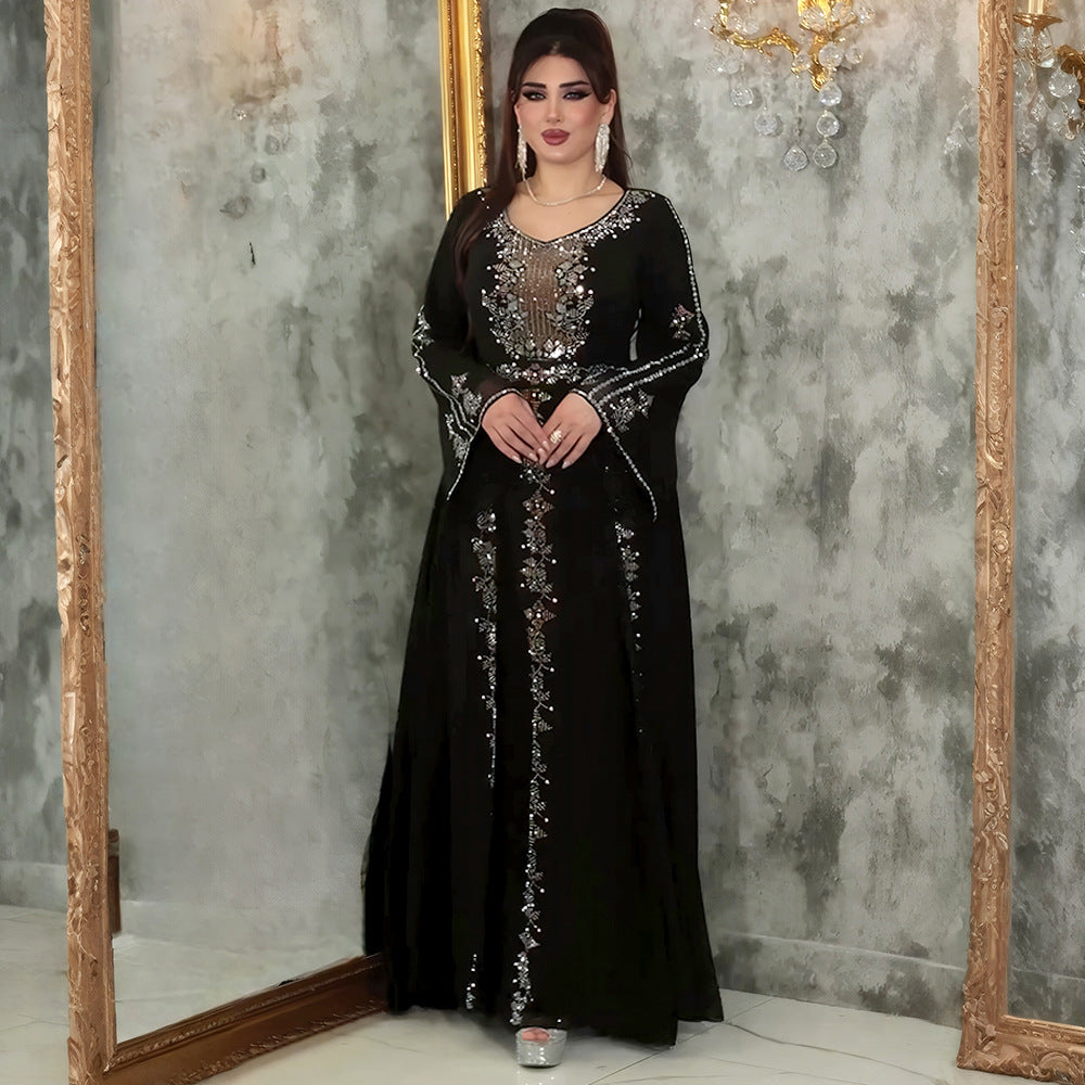 European and american  elegance long dress evening dress heavy industry hot diamond cross-border clothing women's large size dress