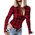 european and american export women's printed plaid bodycon sexy long sleeve tummy control slimming deep v-neck jumpsuit