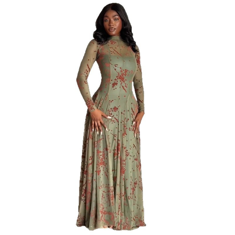 European and american women's clothing  autumn new collection: sweet and fresh printed mock neck long sleeve high-waisted slimming a-line dress